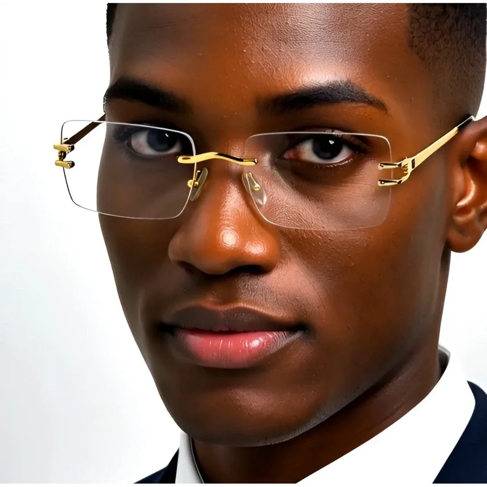 Rimless‎ Rectangle Gold Frame Clear Lens Fashion Sunglasses Hip Hop Eyeglasses